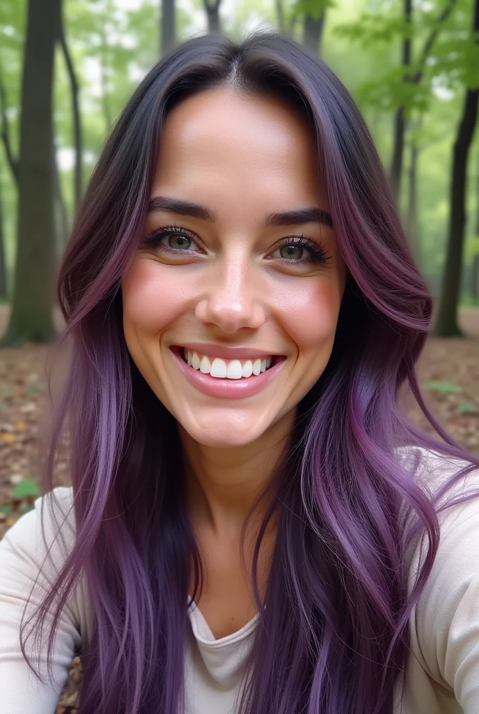 selfie European woman 28 years old, fair skin, visible pores, grainy skin, facial expression lines, small imperfections on the skin, combination skin, white teeth, long wavy purple hair, light almond-shaped eyes, full, pink lips, light makeup, eyeliner, peach blush, friendly appearance, sitting in a forest, natural skin look. semi-realistic image,