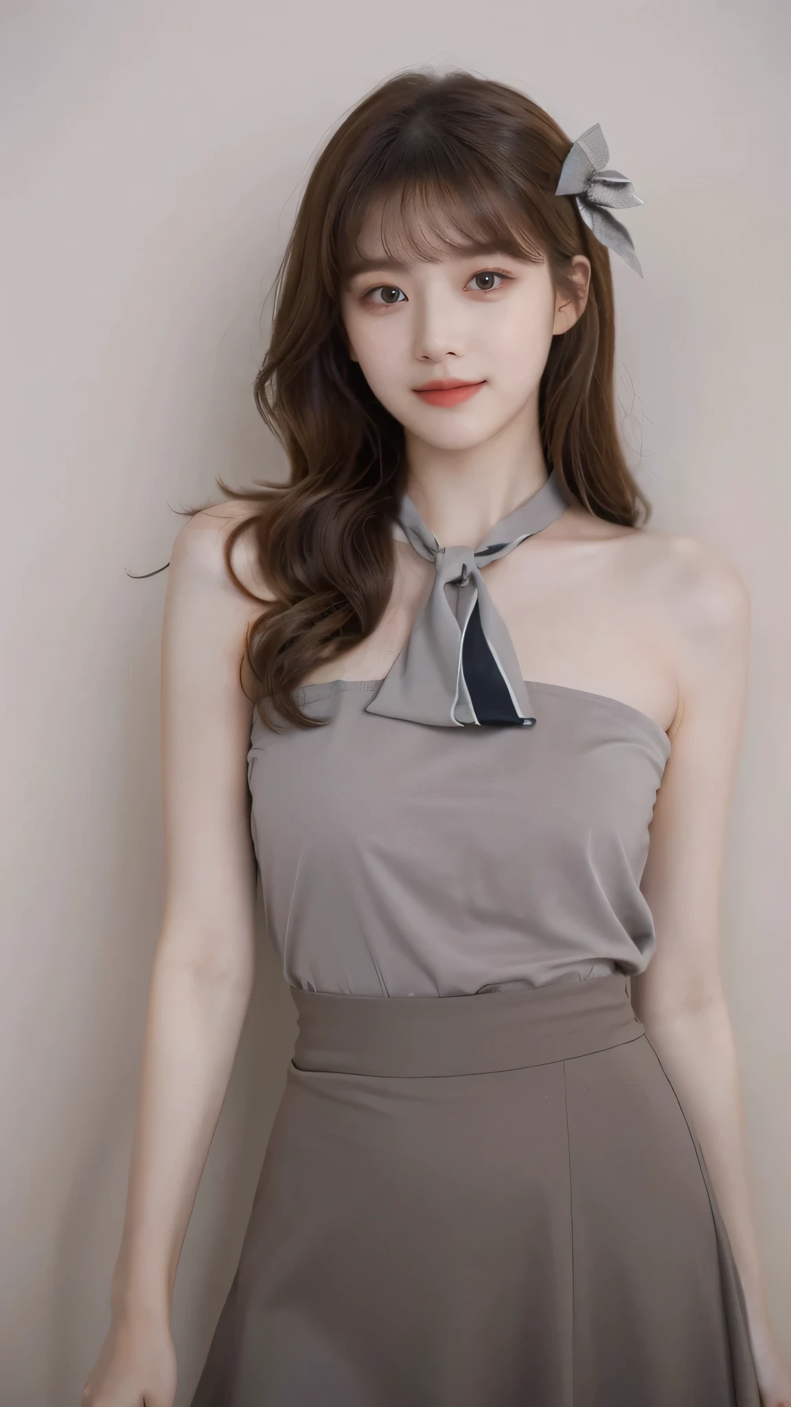 detailed background, masterpiece, best quality, 1 person , curly hair, long hair, purple eyes, star in eye , grey Strapless blouse, long skirt, grey, , grey blouse , beautiful bow, detailed bow,