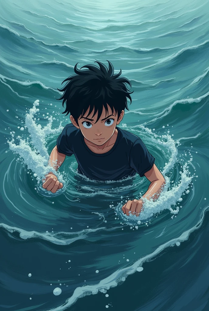 Make an anime style book cover of a boy drowning in water, the boy with black hair, a black shirt with jeans 