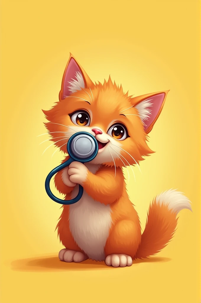 Orange Persian kitten holding a stethoscope with its mouth and a yellow background