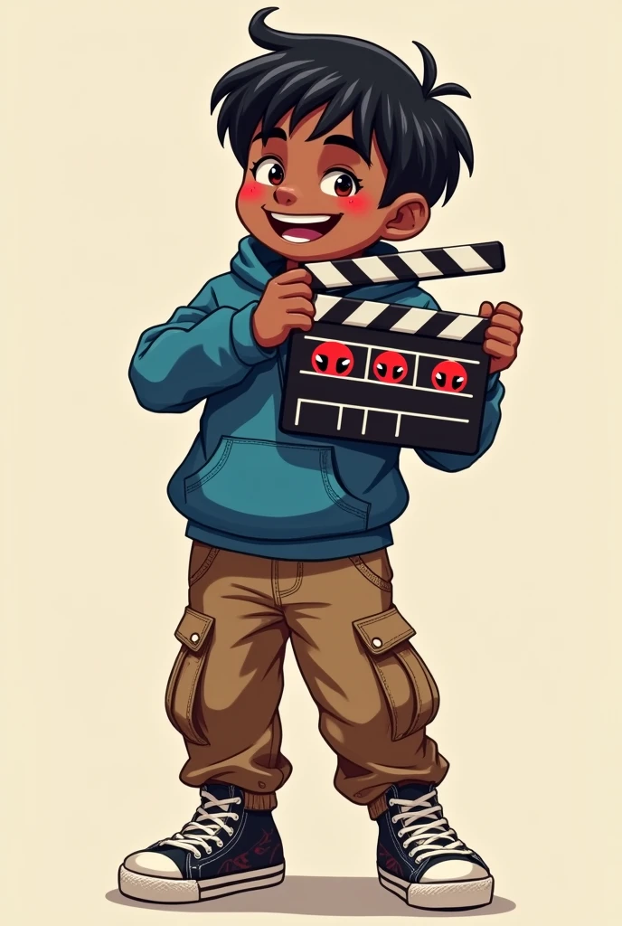 Create a dark brown boy with straight hair, blue sweatshirt, brown cargo pants, Deadpool sneakers, laughing with a red-eyed clapperboard in his hand