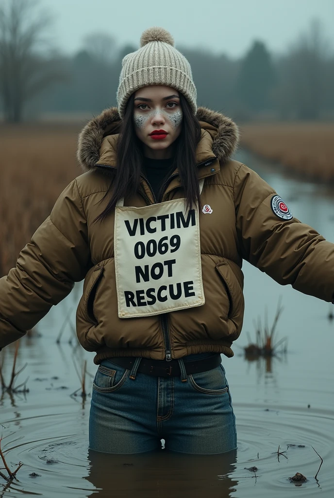 woman, bib "VICTIM 0069 DO NOT RESCUE", moncler ultra-short sporty down jacket,, flared jeans, stuck in bog,pale ethnic patterns ritual makeup, cold, red lips, sexy posing, bob haircut