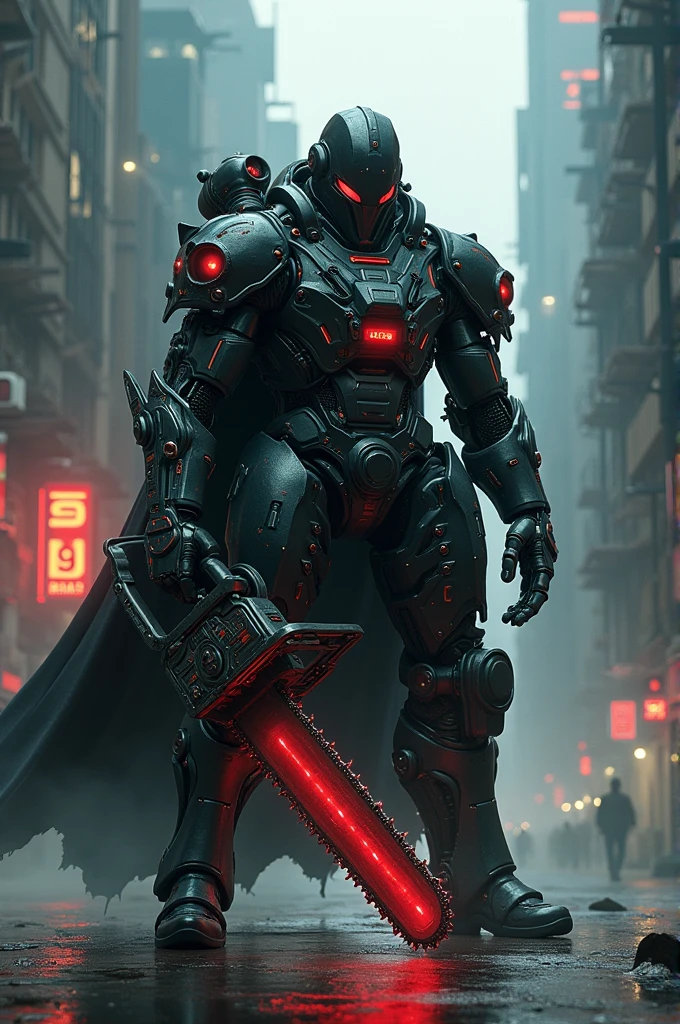 Dark_fantasy,cyberpunk,(chain saw,chain saw man,Red:1.1),1man,Mechanical marvel,Robotic presence,Cybernetic guardian,