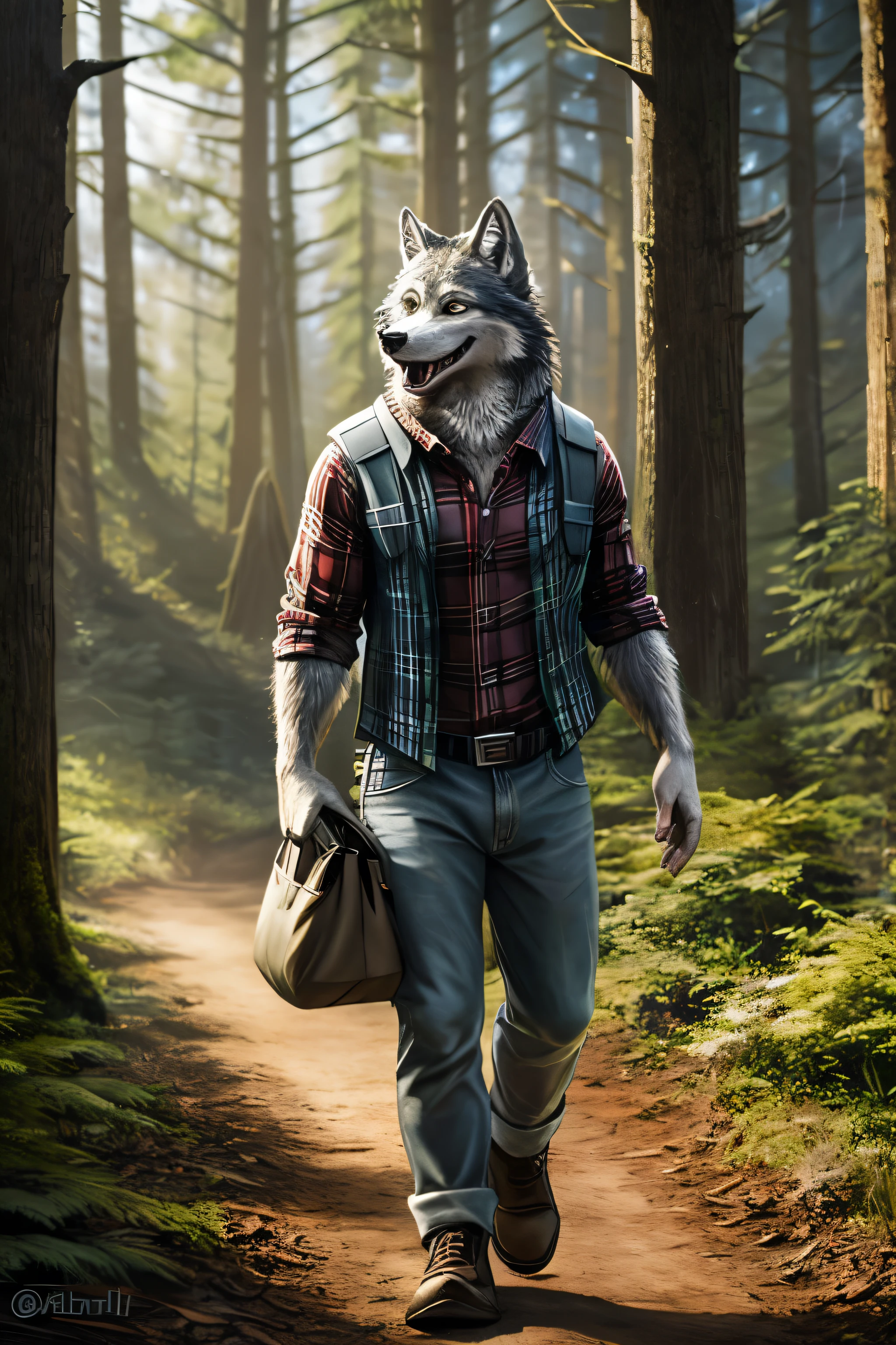 43 year old man, ALONE, ((anthropomorphic wolf)), ((wolf with realistic fur)), gray fur, detailed eye, wolf ears, plaid shirt, happy and smiling, mouth open, full body from head to toe , walking in the forest with a bag on his shoulder