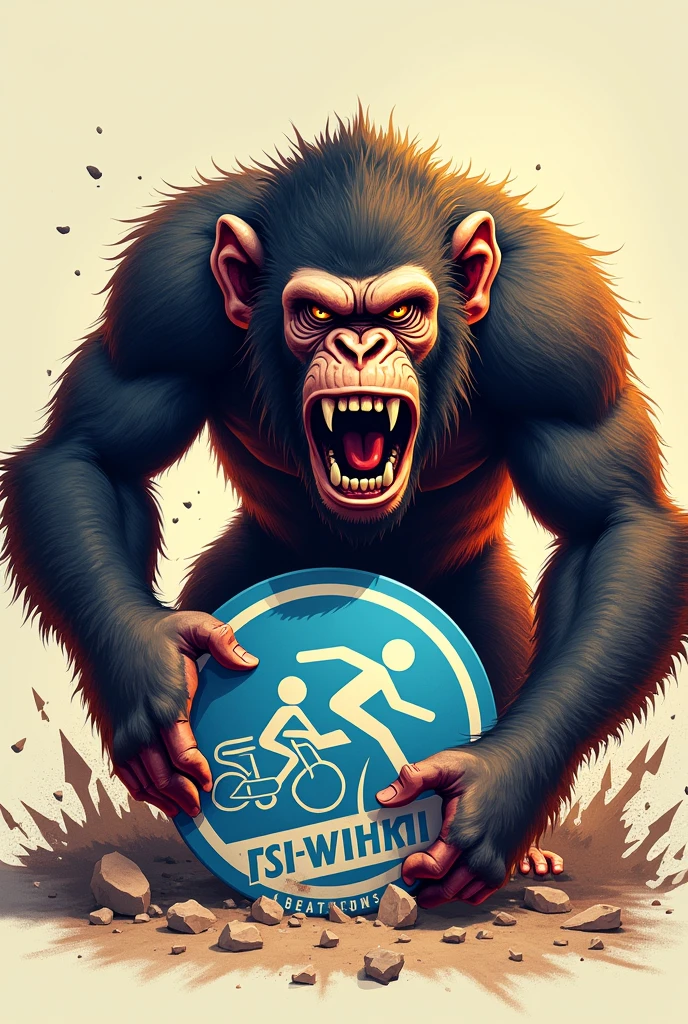 An angry monkey crushing a swim-bike-run logo