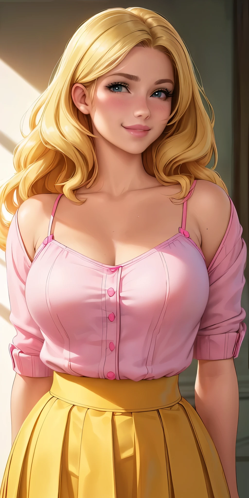 (best quality, ultra-detailed, photorealistic: 1.39), bright and vibrant colors, studio lighting, romantic expression, big breasts, pink lips, shy smile, just a blonde girl in a strap blouse, beautiful pleated skirt, wavy skirt