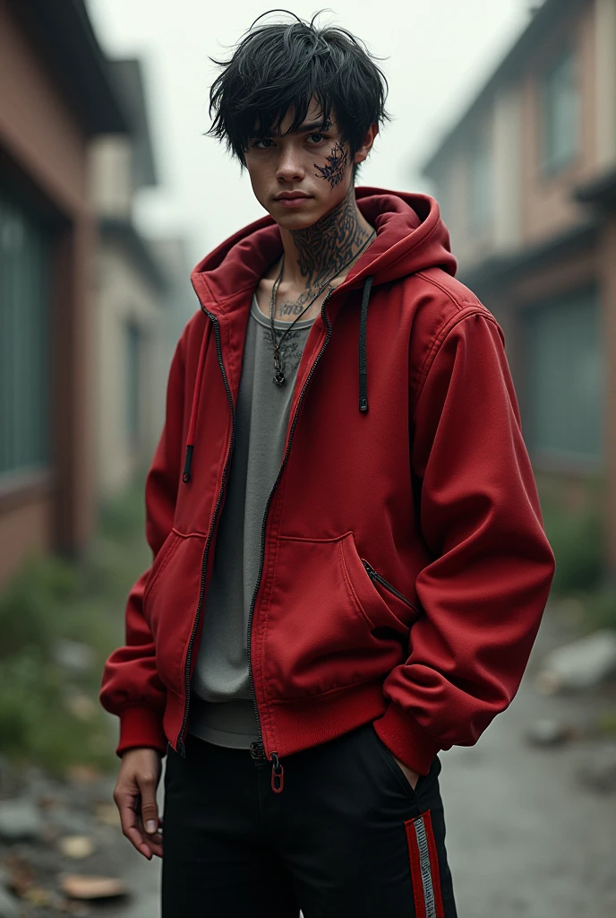 
An ordinary teenager Wears a crimson red jacket and black pants with red stripes. Has scars covering his entire neck and a vertical scar over his right eye.