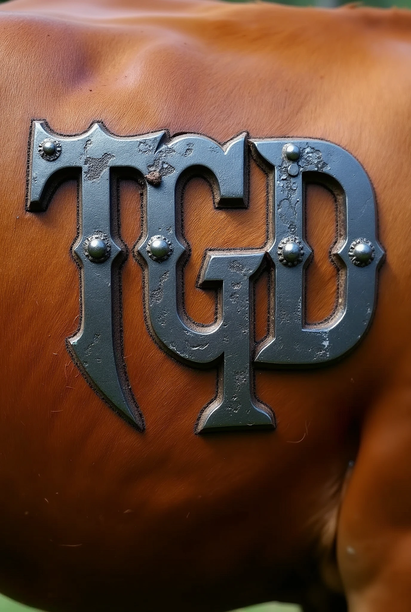 A cattle brand containing the letters TGD