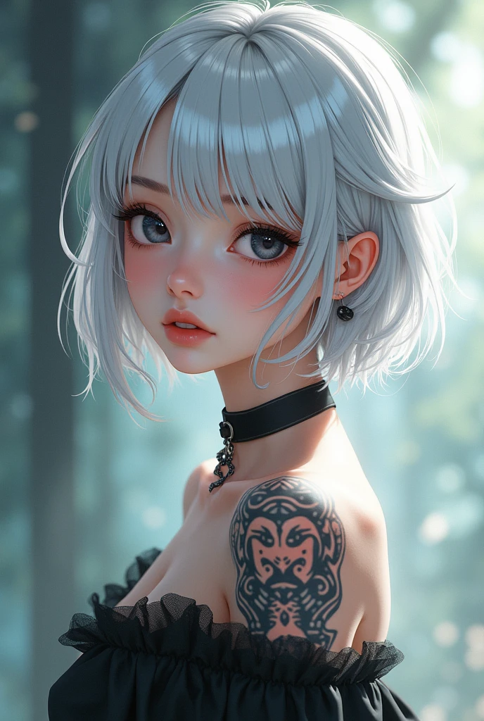 The most beautiful girl, with tattoos on her body, white hair and bangs, with BLACK eyes, anime style.