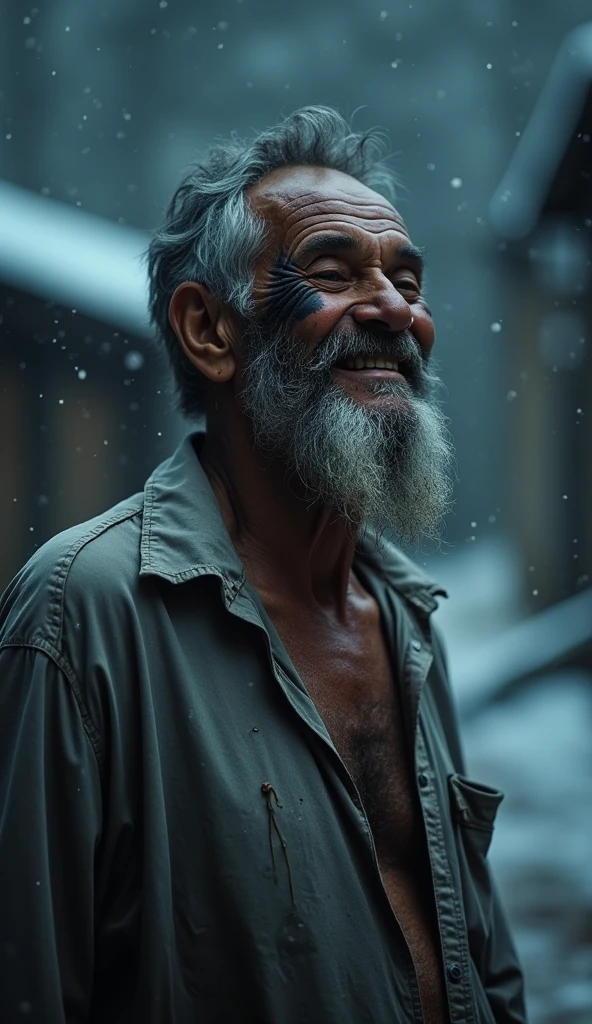 An extremely poor 70-year-old man with black oil marks on his dirty face and unmaintained beard, hair and nails are very dirty wearing a torn plain single grey shirt that barely covers his body looks relieved and happy, smiling faintly, scene continues to feature the dark night and heavy snowfall.