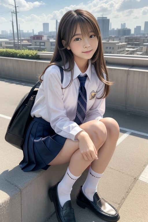 (masterpiece,Highest quality,Ultra-high resolution),Japanese women, A very beautiful 12 year old girl, Born Girl、(Lip gloss)、(Perfect limbs、Perfect Anatomy),((Beautiful Hair))、(((School uniforms)))、cute、pure white、Beautiful Skin、Watery eyes、Sparkling brown hair、The colors and landscapes of youth、Feeling of love、huge 、A shy smile、go to school、School rooftop、morning、Black socks、Loafer shoes