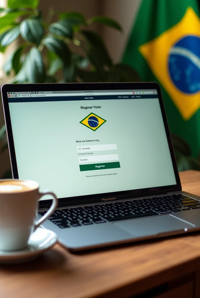 A computer with the registration page open, surrounded by Brazilian elements, like the flag and a coffee.