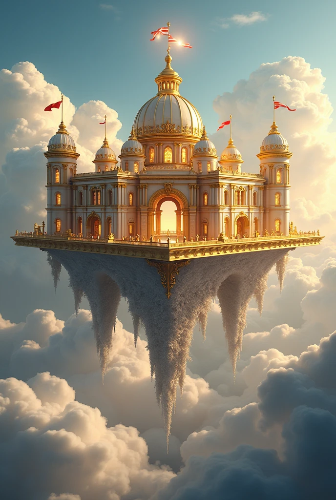 Build a castle in the sky (roman style) of gold with glass windows that can be seen horizontally, This should be big and wide not so tall, with flashes of a central light, This castle must contain precious pearls that look realistic, without creating the reflection on the bottom
