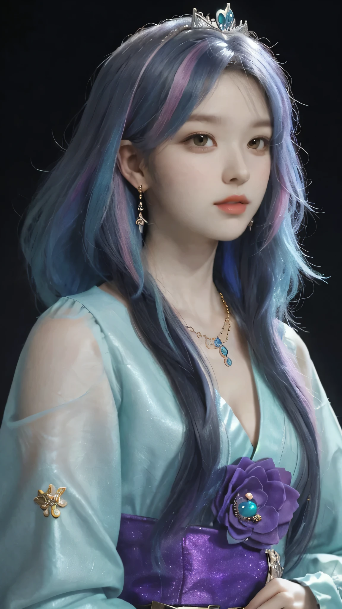 18 years old, incomparable white face, close-up of a woman, black background, hanging with colorful jewelry, full covered clothes, colorful, fantasy art style, colorful pastel, beautiful colorful hair, cute colorful cute, anime style. 8k, beautiful and colorful, anime girl with cosmic hair, inspired by Seihiko-kun, colorful aesthetics, colorful dreams, colorful, ((beautiful fantasy queen))