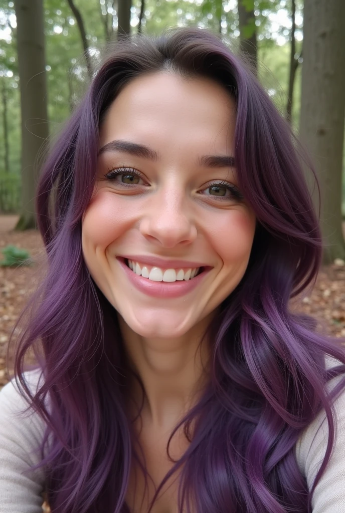 
selfie European woman 28 years old, fair skin, visible pores, grainy skin, facial expression lines, small imperfections on the skin, combination skin, white teeth, long wavy purple hair, light almond-shaped eyes, full, pink lips, light makeup, eyeliner, peach blush, friendly appearance, sitting in a forest, natural skin look. semi-realistic image,