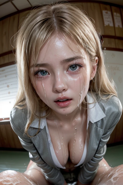 high quality, detailed,a girl with white water drops on her face.she is taking a shower,lots of white water droplets.(at night:2.0),green eyes.she is japanese bitch office lady,prostitute,she has a mole under her eye,(((smallest breasts:1))),(wearing white business shirt),((wearing gray blazer and black bra)),blunt bangs,((blonde wavy hair,very wet hair and wet face,shiny face)),slender,nipples,temptation,
((intense sex with her teacher in backward woman on top posture:1.5))
((she opens her mouth wide and close her eyes,her cheeks are very red))smile
(selfish:1.5,fisheye lens,angle from above:1.3)((in the classroom))