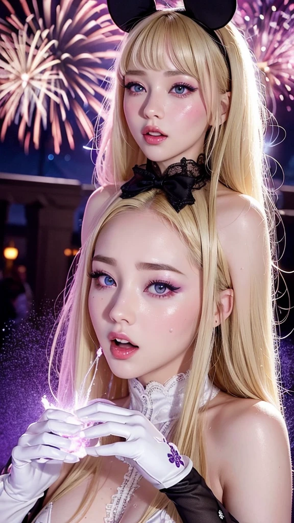 The most erotic sexual climax、Busy Disney World、firework、Blonde、Big Tits、Purple eyes、High nose、Minnie Mouse、Lace and embroidered gloves、Semen is dripping