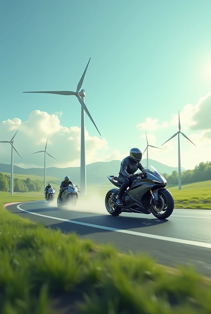 Futuristic motorcycle racing on a track with green grass and windmills