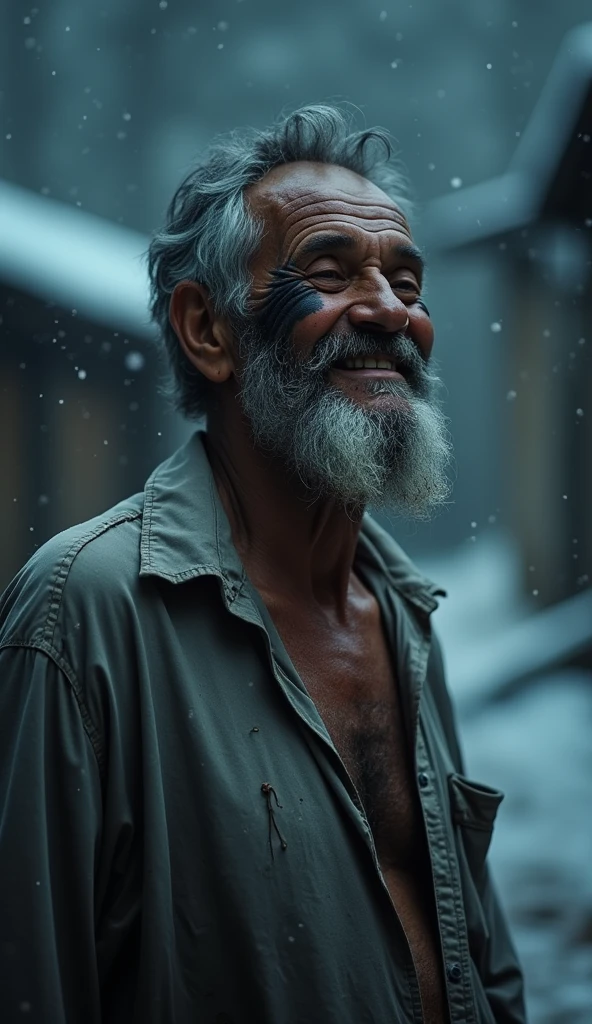 An extremely poor 70-year-old man with black oil marks on his dirty face and unmaintained beard, hair and nails are very dirty wearing a torn plain single grey shirt that barely covers his body looks relieved and happy, smiling faintly in camera , scene continues to feature the dark night and heavy snowfall.