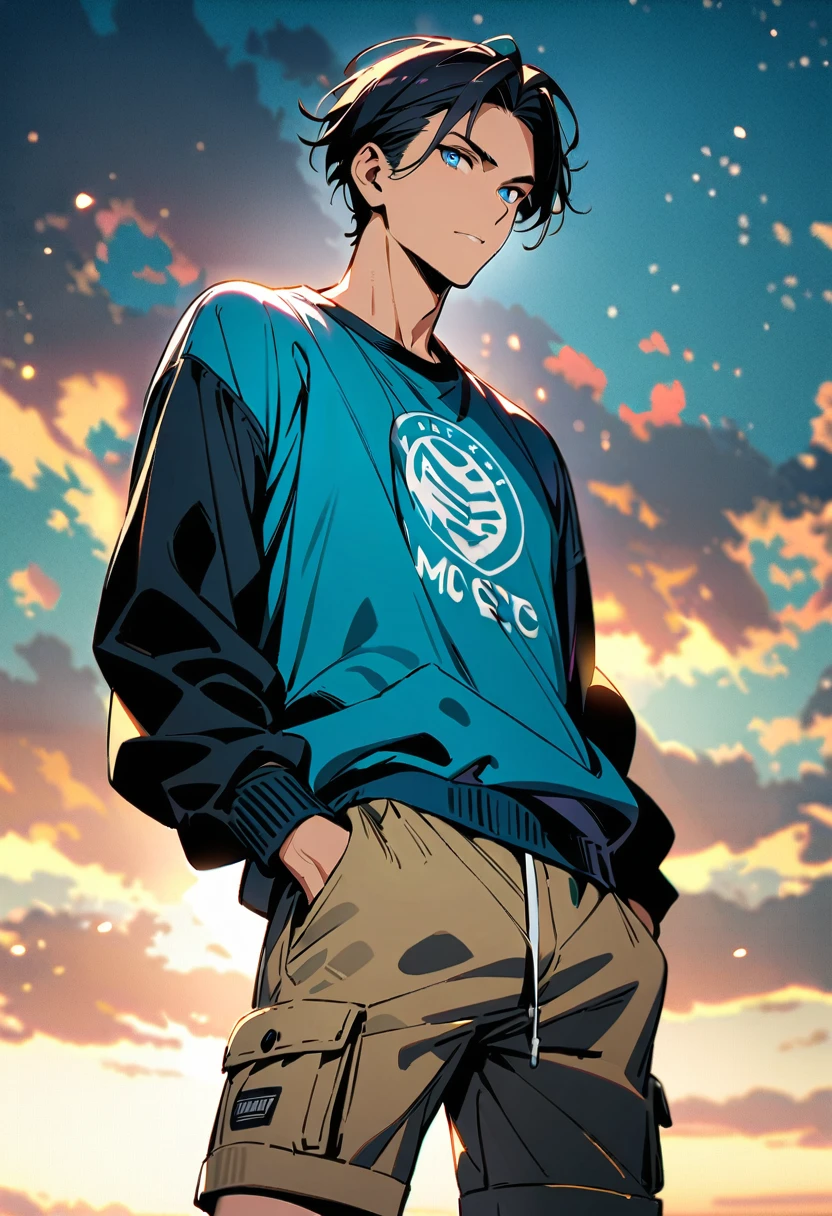 masterpiece, best quality, perfect lighting, high resolution, 1 guy, (very tall), (handsome), toned physique, BREAK, short, black hair, blue eyes, BREAK, black, long-sleeved shirt with logo, BREAK, white, khaki shorts, and (white hightop shoes), hands in pockets, full body view