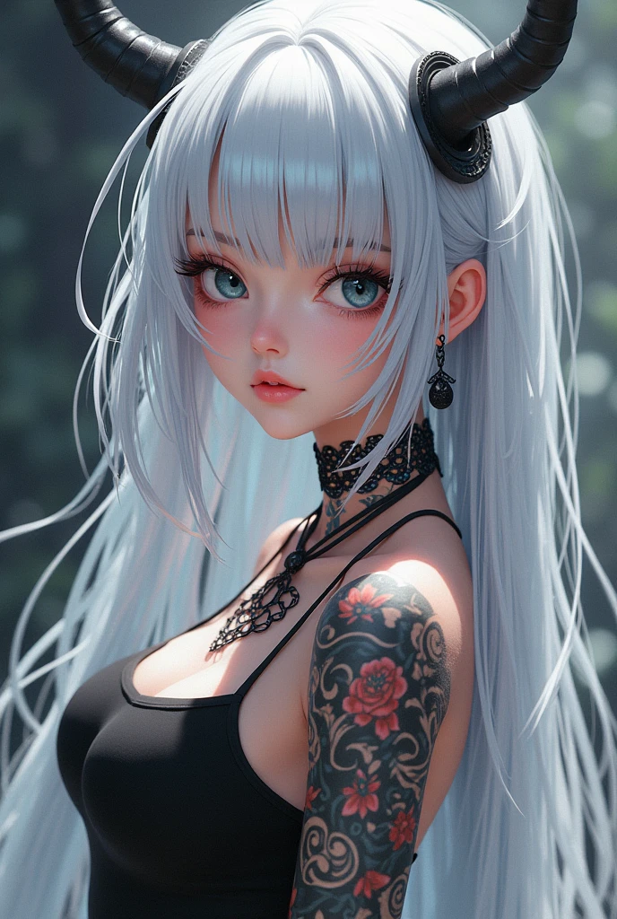 The most beautiful girl, with tattoos on her body, white hair and bangs, with BLACK eyes, anime style.