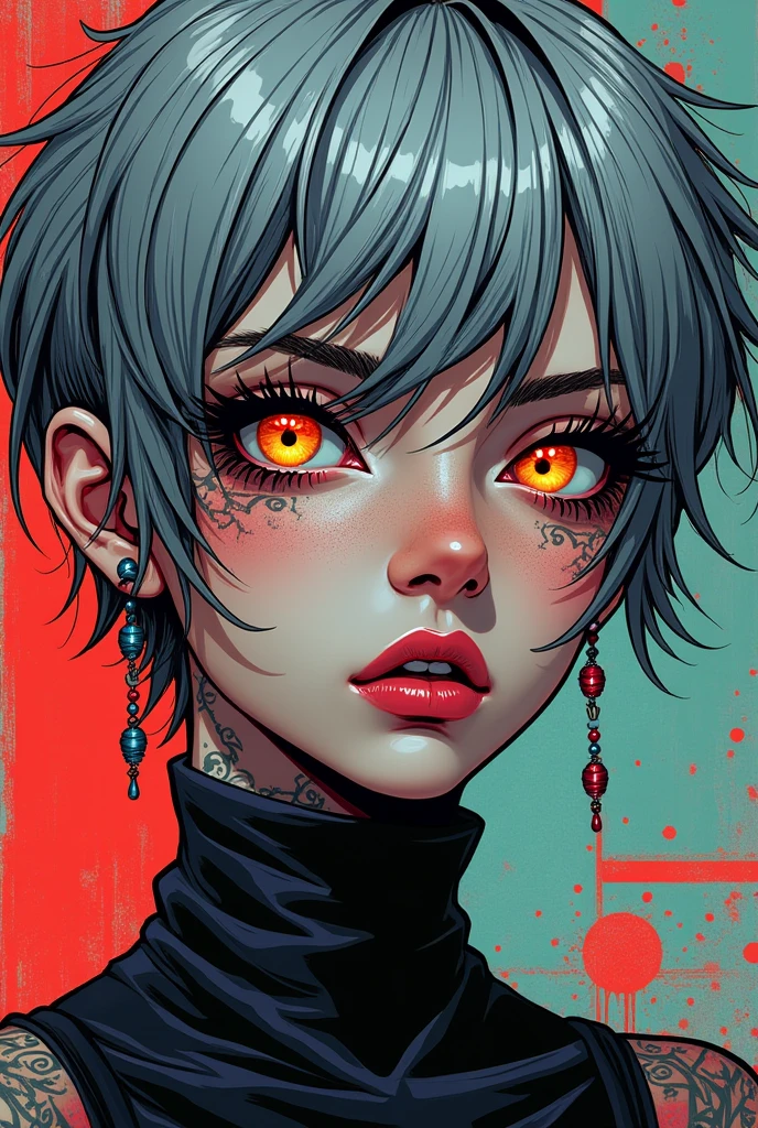  (Messy silver hair:1.1) (Heterochromia xanthochromia and blue eyes:1.2) (thick lips:0.9) (detailded) (( comic style)), with a teenage face all tattooed and with red eyes and black hair
