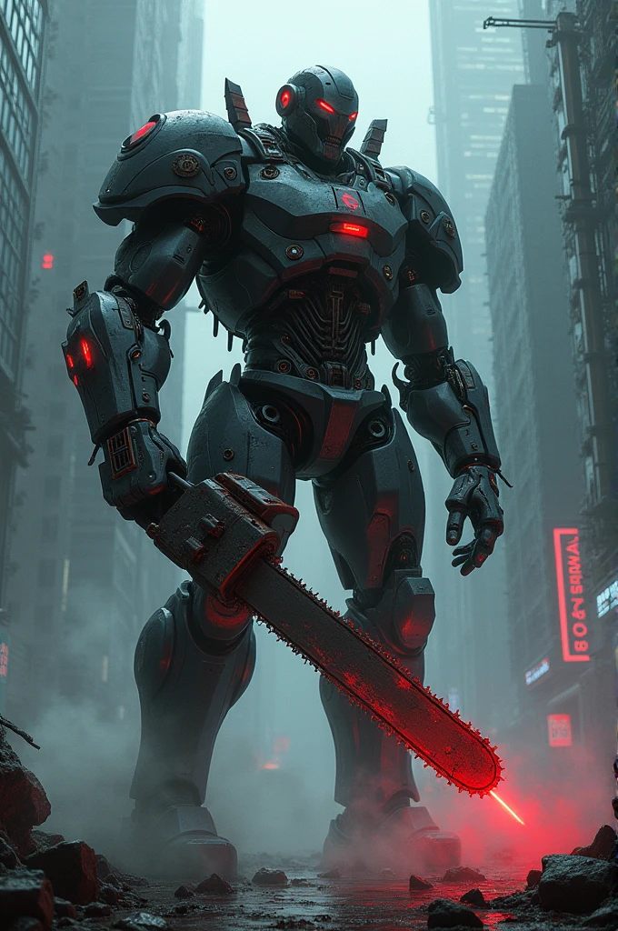 Dark_fantasy,cyberpunk,(chain saw,chain saw man,Red:1.1),1man,Mechanical marvel,Robotic presence,Cybernetic guardian,
