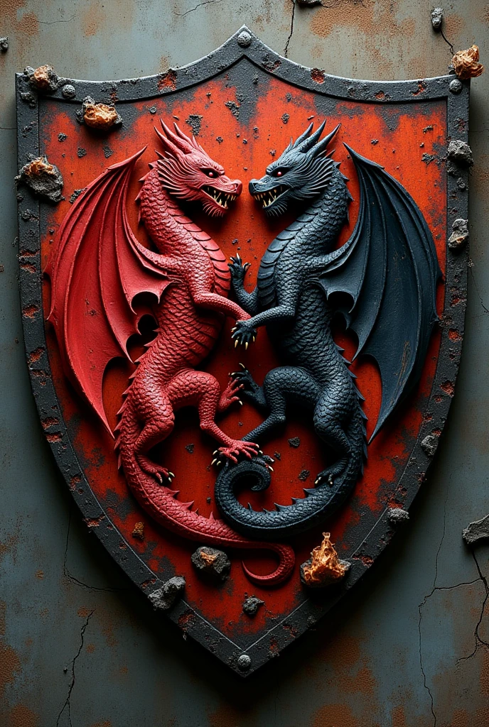 coat of arms: An old and worn looking shield, as if he had survived many battles. The predominant color is a burnt red, almost brown, with black soot stains. At the center, two dragons are in combat, with claws and teeth showing, spitting small flames. One of the dragons is bright red, while the other is a deep black, almost like coal. The scales of both are detailed, with a rough texture that reflects Vulcan&#39;s raw and untamed nature. The bottom of the shield has cracks, as if the metal itself were melting away from the heat, symbolizing the violence and chaos of the kingdom.