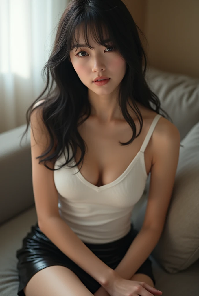 Ultra-realistic, photograph, Black Hair, female,MINAMO,Yua Mikami, 24-years-old, Hourglass Shape, Perfect body, Sexy expression, Highly detailed art gems, Art Germ Style, Lens 35mm, Blur the background, sitting on the couch in the living room, Lying down,(wearing a white wet Looking down into the valley shirt and a short latex skirt, Solid Color Bodycon Elegant Knee-Length Skirt), Looking down into the valley, appear, Wet shirt,Sleeveless, Wearing opaque thigh-high socks, Show off your legs, Long legs, (彼femaleの足に触れる), Sexy Legs, Attractive legs, whole body picture, whole body portrait, whole body, Wide Shot, Wide-angle,Beautiful breasts,Cool eyes,Glossy Lips,smile,Glowing Skin,Clear Skin,OM-D E-M1 Mark III,(Rembrandt Lighting,Loop Lighting,Butterfly Lighting)White Promist,Soft spotlight,Araki Style,Transparent nipples,{0.1:: smile | 0.2:: sad | 0.3:: ennui}