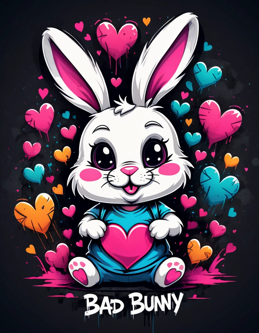 Place a mischievous bunny character in the center of the composition on a textured, dark background. Surround the bunny with floating hearts and glitched lines, and integrate the text 'Bad Bunny' above the character in a bold, graffiti font