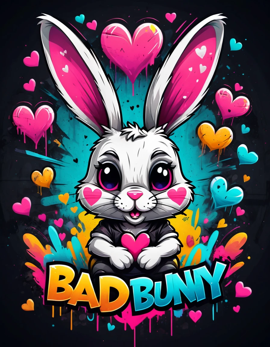 Place a mischievous bunny character in the center of the composition on a textured, dark background. Surround the bunny with floating hearts and glitched lines, and integrate the text 'Bad Bunny' above the character in a bold, graffiti font
