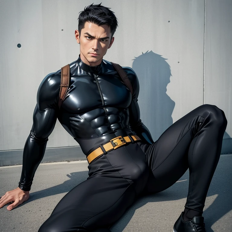 40 years old,One Man,、Handsome、Black bodysuit、Shocker Belt、tall、logic肉質、concrete logic,Gay ,Very short hair。Sit on the ground with your legs spread in an M shape、The crotch area of the pants is bulging、Black socks Showing off the soles of your feet