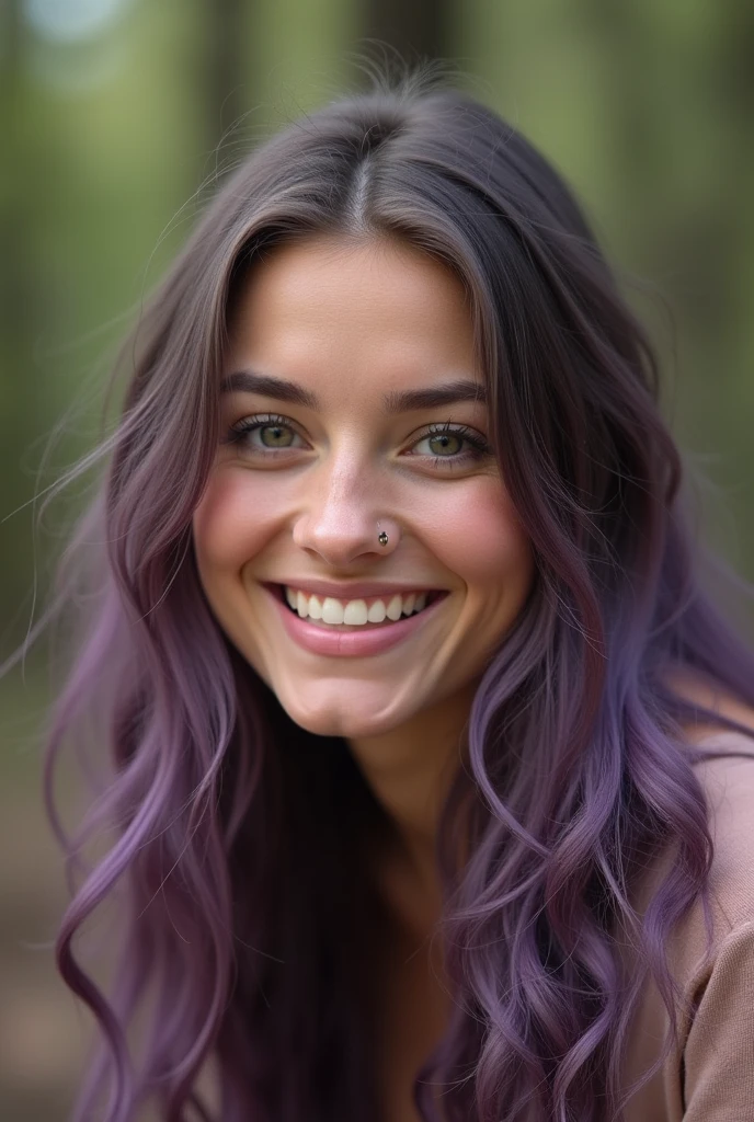 
28 year old European woman, fair skin, visible pores, grainy skin, facial expression lines, small imperfections on the skin, combination skin, white teeth, long wavy purple hair, light almond-shaped eyes, full, pink lips, makeup light, eyeliner, peach blush, nice appearance, sitting in a forest, natural skin look. semi-realistic image,