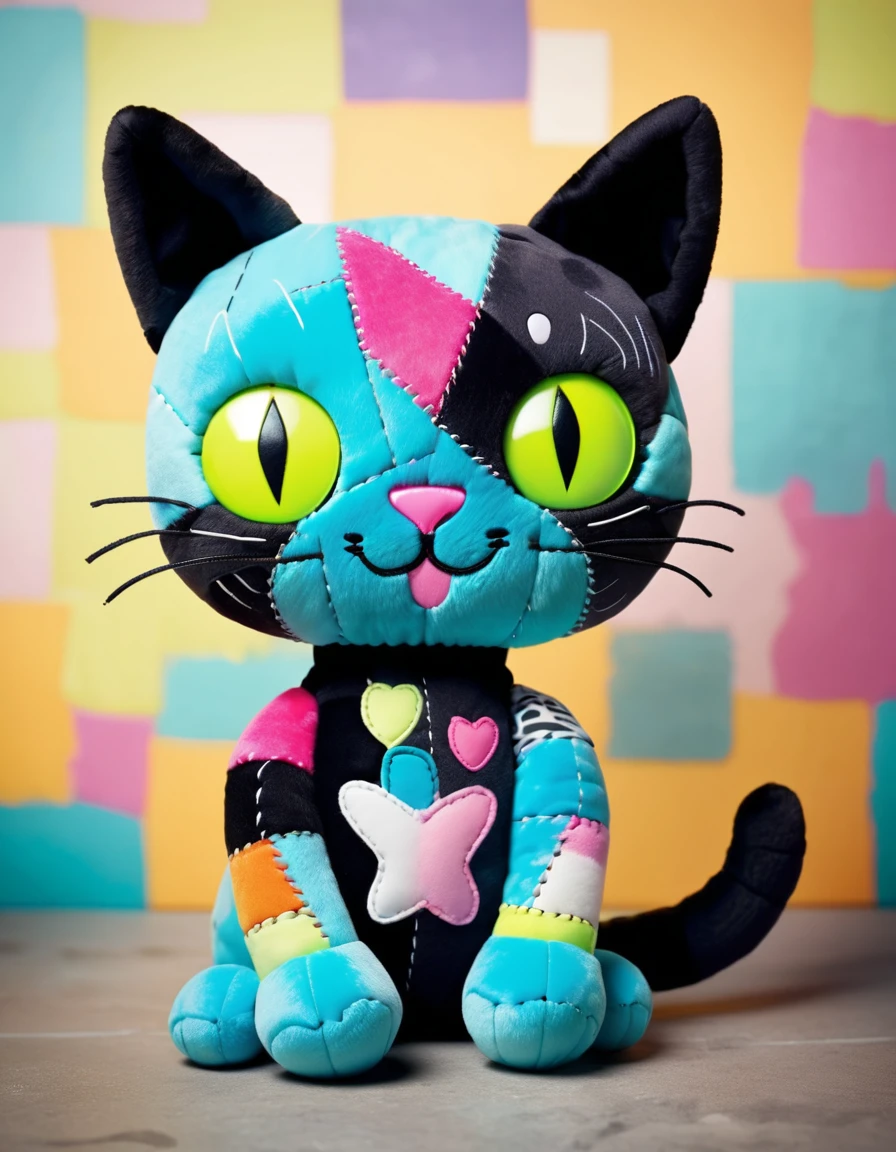 Design a retro plush cat character with stitched eyes and a patchwork body. The character should have a playful expression, with glow-in-the-dark features and a graffiti-style background