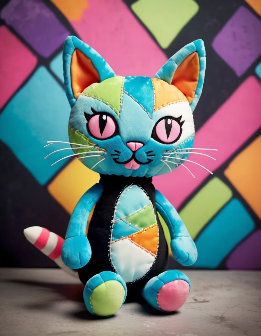 Design a retro plush cat character with stitched eyes and a patchwork body. The character should have a playful expression, with glow-in-the-dark features and a graffiti-style background
