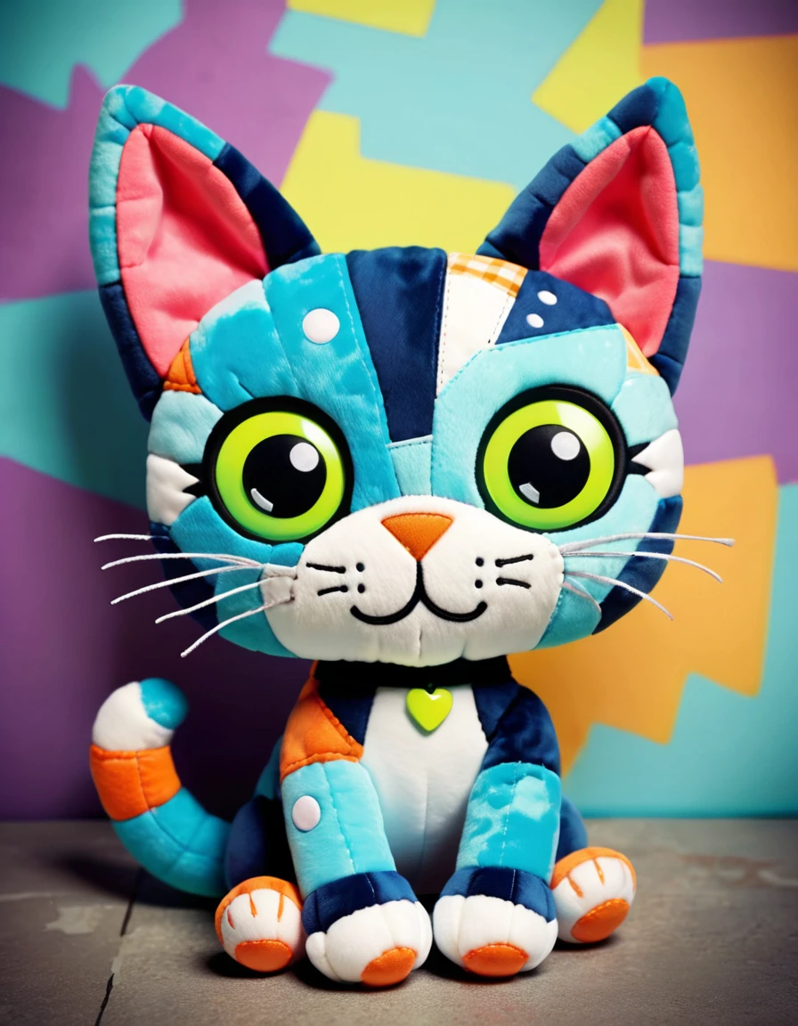 Design a retro plush cat character with stitched eyes and a patchwork body. The character should have a playful expression, with glow-in-the-dark features and a graffiti-style background