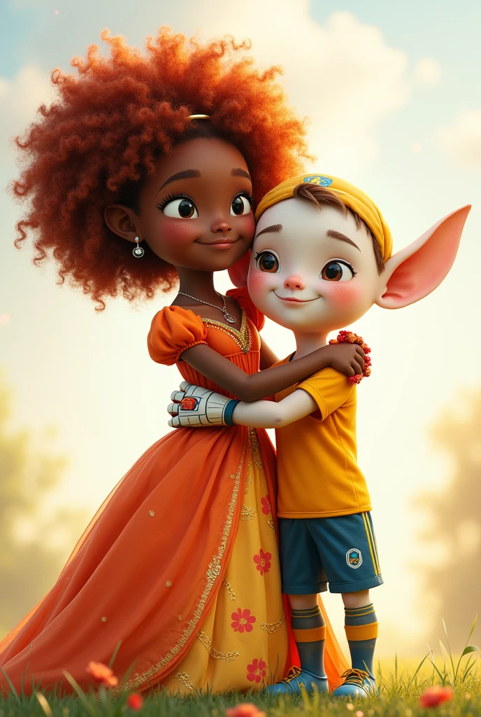 Create a black girl with very curly red hair in a princess outfit hugging a white boy with big ears and a big head in goalkeeper clothes.