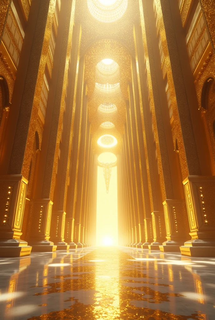 Build a castle in the sky (roman style) of gold with glass windows that can be seen horizontally, This should be big and wide not so tall, with flashes of a central light, Without flags, elegant, Pure, This castle must contain precious pearls that look realistic, without creating a reflection at the bottom and a beautiful wall with two large doors