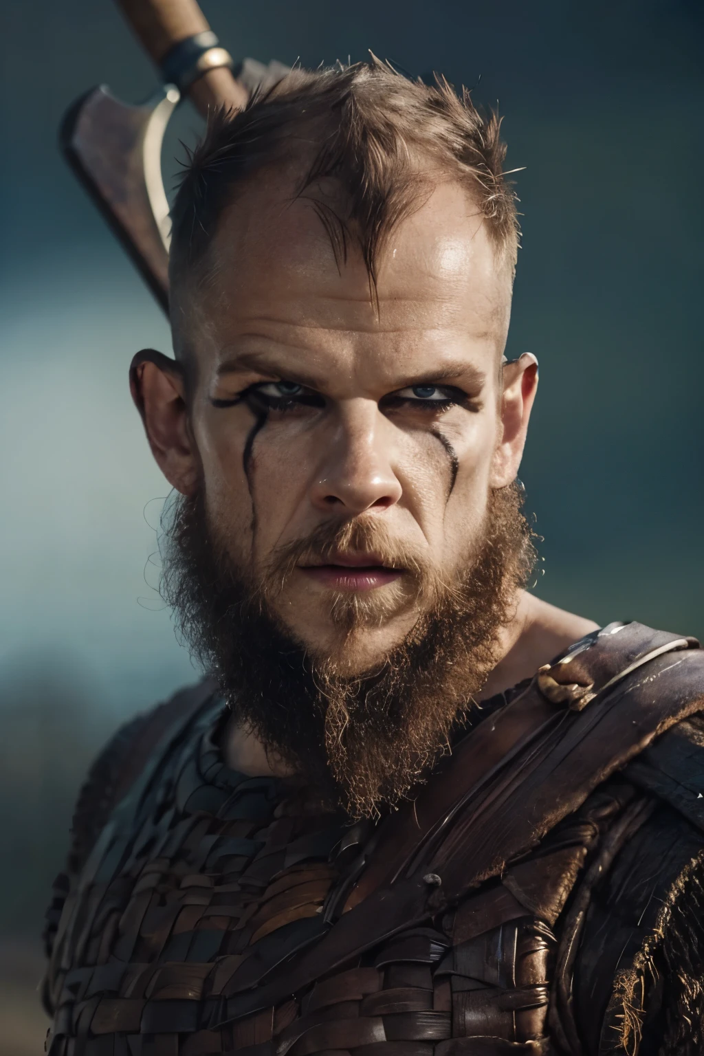 Hyper realistic, ultra detailed, cinematic posterof Floki a viking warrior, old man, 50 years old, black makeup on eyes, beard, holding axe on hand, ultra realistic, skin texture, cinematic lighting. Cinematic thunder background.