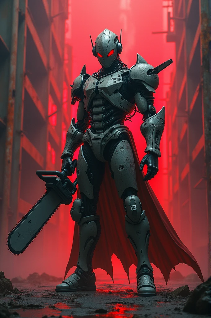 Dark_fantasy,cyberpunk,(chain saw,chain saw man,Red:1.1),1man,Mechanical marvel,Robotic presence,Cybernetic guardian,