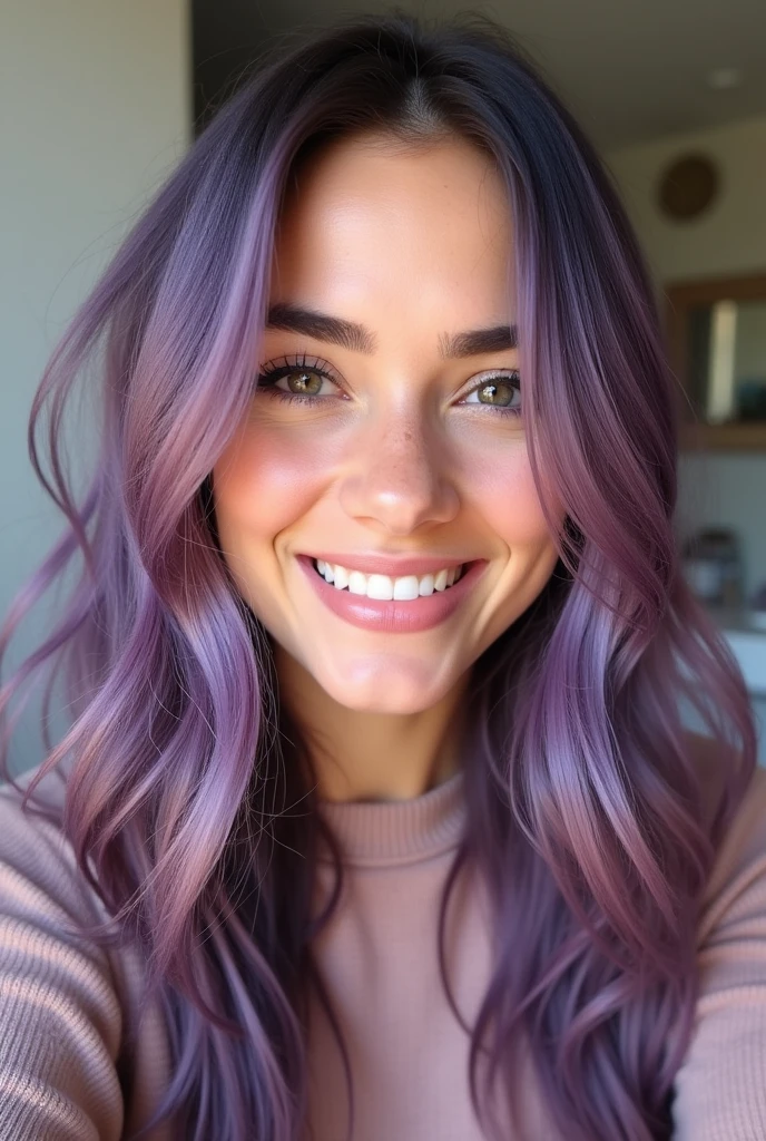 28 year old European woman, full body shot, fair skin, visible pores, grainy skin, facial expression lines, small imperfections on the skin, combination skin, white teeth, long wavy purple hair, light almond shaped eyes , full, pink lips, light makeup, eyeliner, peach blush, friendly appearance, semi-realistic image,
