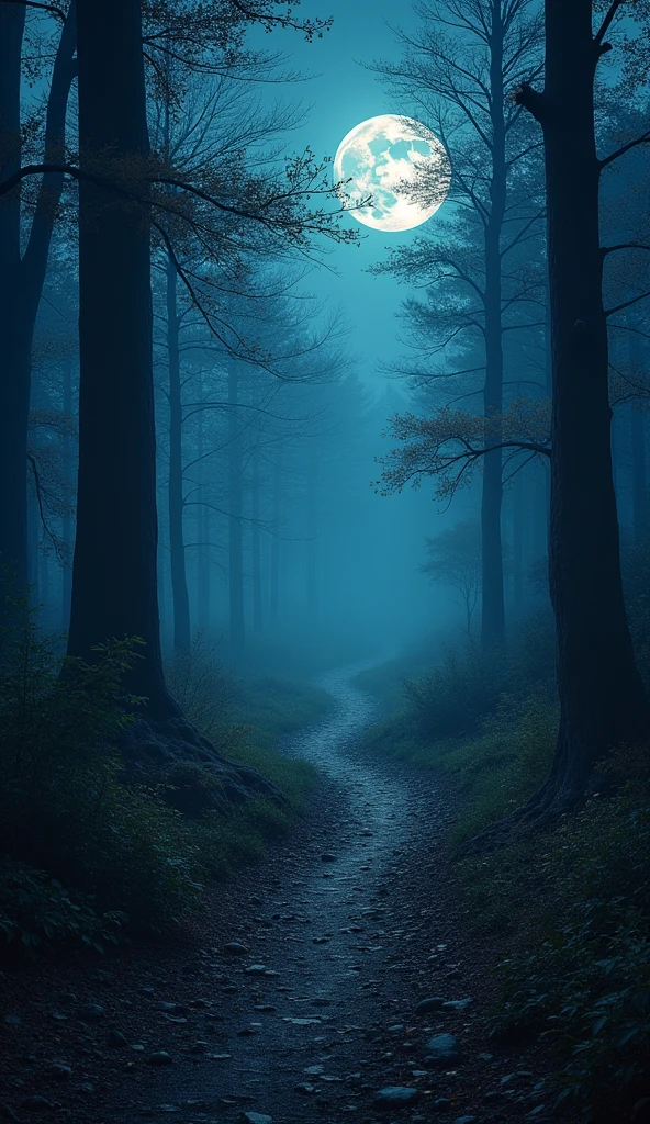 night,Silent Forest,trail,Illuminated by the moonlight,Fantasy art