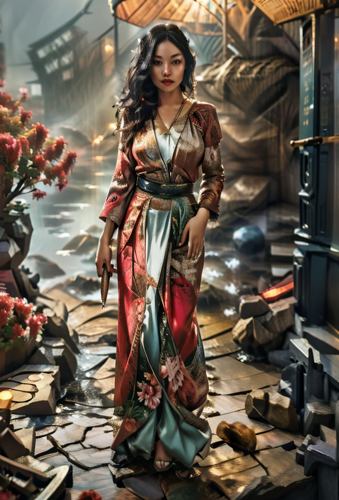 arafed woman, pretty lady MoonLay, in a kimono outfit with a sword and a cat, 🌺 cgsociety, japanese goddess, inspired by Cynthia Sheppard, inspired by Torii Kiyonobu I, full body cgsociety, highly detailed kimono, a beautiful fantasy empress, very beautiful cyberpunk samurai, beautiful alluring anime woman, dawn cgsociety, glamorous and sexy geisha