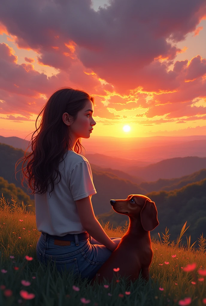 Generate an image that has a teenage girl next to her dachshund watching a sunset