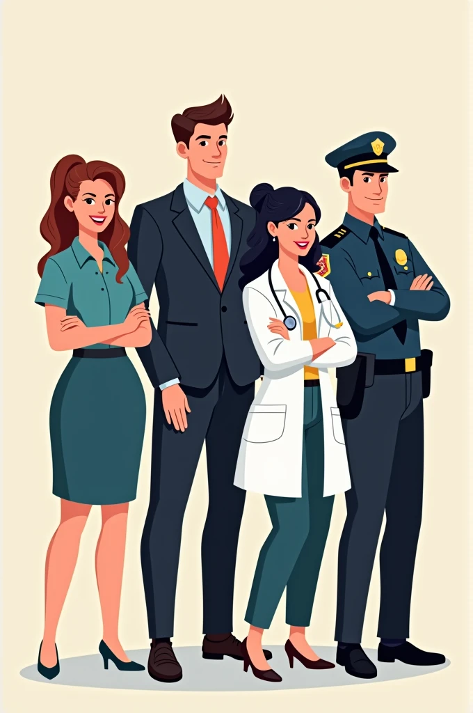 Create a drawing of a teacher, a female doctor, a lawyer, A policeman and an architect.