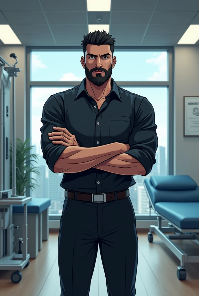Imagine a man wearing black pant shirt with black beard with folded arms standing in front of physiotherapy equipments inside a shop anime