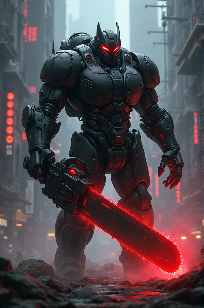 Dark_fantasy,cyberpunk,(chain saw,chain saw man,Red:1.1),1man,Mechanical marvel,Robotic presence,Cybernetic guardian,