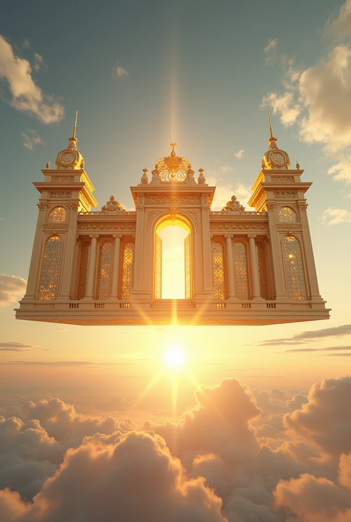 Build a castle in the sky (roman style) of gold with glass windows that can be seen horizontally, This should be big and wide not so tall, with flashes of a central light, Without flags, elegant, Pure, This castle must contain precious pearls that look realistic, without creating a reflection at the bottom and a beautiful wall with two large doors, that can be seen from the outside 