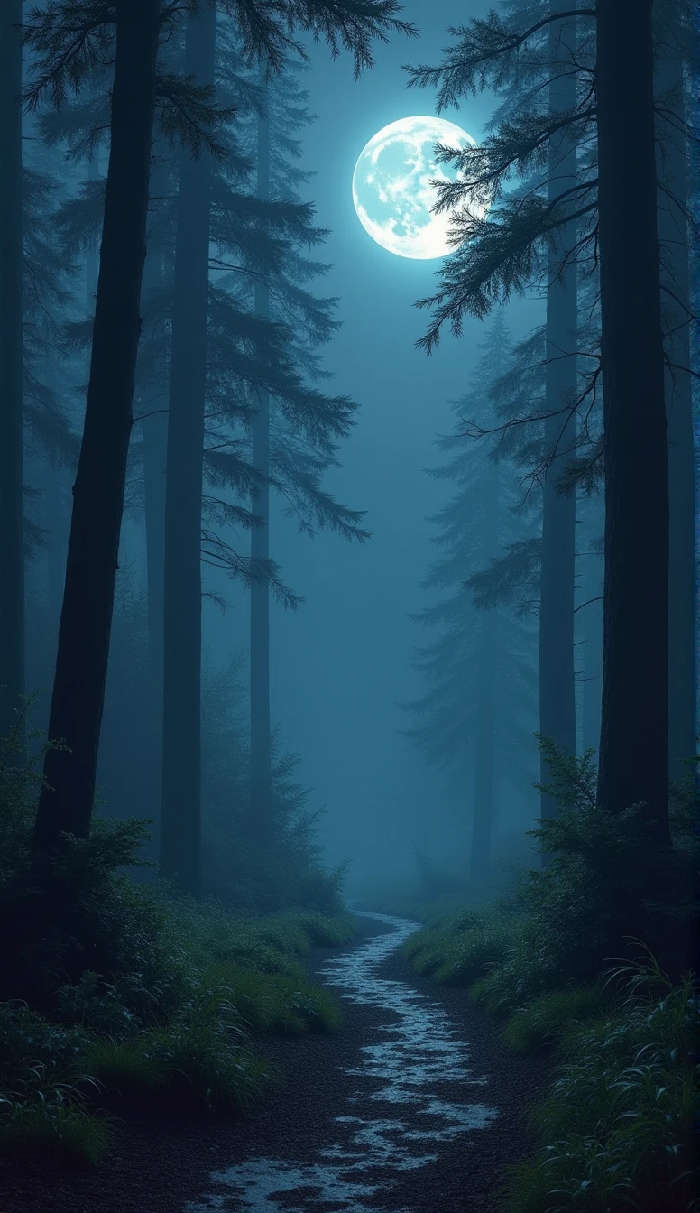 night,Silent Forest,trail,Illuminated by the moonlight,Fantasy art