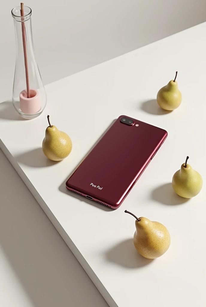 A wine-colored cellphone with the name 'Pear Pad' written at the bottom of the screen. The cellphone is resting on a white table, with no pears around.